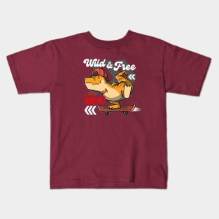 Wild and Free Tyrannosaurus rex Playing Skateboard - Let's Rock! Kids T-Shirt